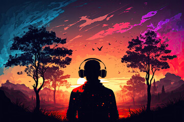 creative illustration of a man with headphones in nature. colorful colors. Generative AI - obrazy, fototapety, plakaty