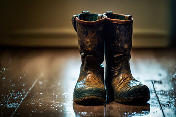 dirty damp rubber boots in the house on the floor. Generative AI