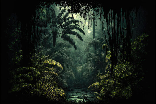 dark prehistoric jungle. Generative AI