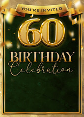 60th Birthday Celebration Flyer Design Emerald Green Gold Template