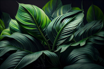 Naklejka na ściany i meble Background from natural green tropical leaves close up on black background, mockup for product and text, spring and summer nature concept. Generative AI