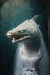 Naklejka premium Hammerhead shark dressed up in wedding dress. Generative AI