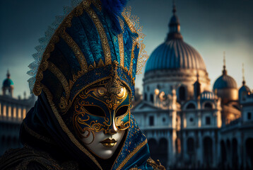 Obraz premium Venetian mask in front of Basilica di Santa Maria della Salute, Venice, Italy. Generative AI