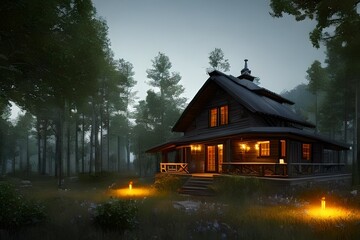 House in the forest, House at night time