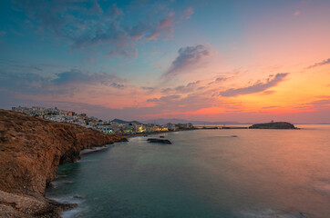 Panoramic view of Chora town and Portara at dusk, Naxos island GR