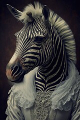  Zebra dressed up in wedding dress. Generative AI