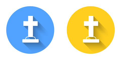 White Tombstone with cross icon isolated with long shadow background. Grave icon. Happy Halloween party. Circle button. Vector