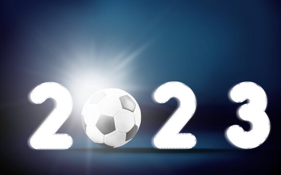 Greeting new year card with 2023 numbers and ball