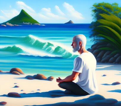 Man Meditating on Seashore, Generative AI Illustration