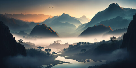 Fototapeta na wymiar Bamboo Forest and Majestic Mountain Sunrise AI Artwork