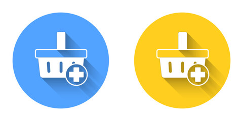 White Add to Shopping basket icon isolated with long shadow background. Online buying concept. Delivery service. Supermarket basket symbol. Circle button. Vector