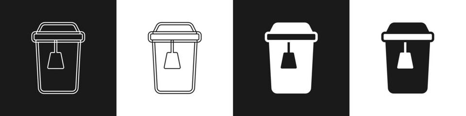 Set Cup of tea icon isolated on black and white background. Vector