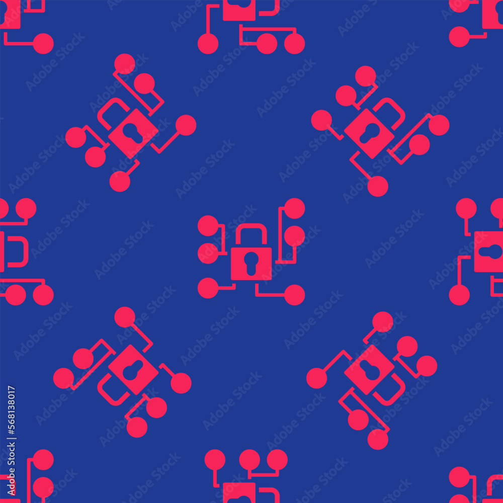 Poster red cyber security icon isolated seamless pattern on blue background. closed padlock on digital circ