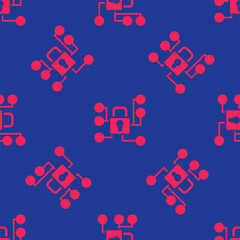 Red Cyber security icon isolated seamless pattern on blue background. Closed padlock on digital circuit board. Safety concept. Digital data protection. Vector