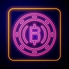 Fototapeta premium Glowing neon Cryptocurrency coin Bitcoin icon isolated on black background. Physical bit coin. Blockchain based secure crypto currency. Vector