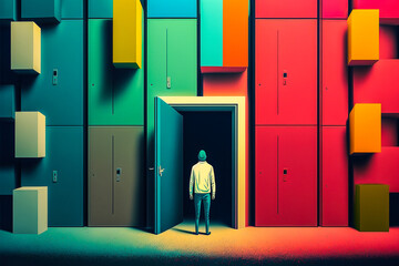 Homme debout devant plusieurs portes colorées. Concept de choix, avenir, succès, direction, opportunité, solution - Générative IA