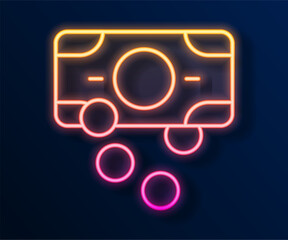 Glowing neon line Stacks paper money cash icon isolated on black background. Money banknotes stacks. Bill currency. Vector