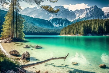 landscape with lake and mountains. Genarative AI