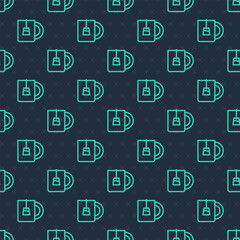 Green line Cup of tea icon isolated seamless pattern on blue background. Vector