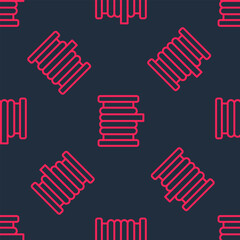 Red line Wire electric cable on a reel or drum icon isolated seamless pattern on black background. Vector