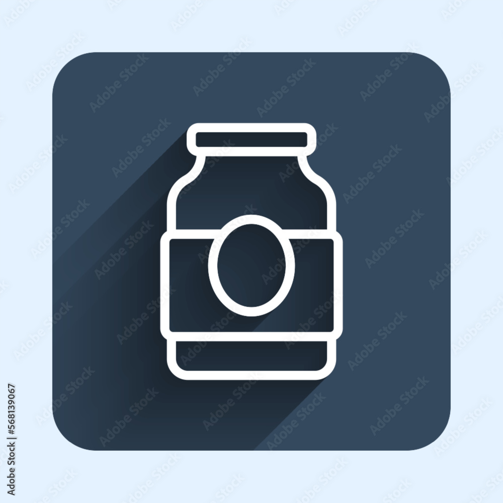 Poster white line jam jar icon isolated with long shadow background. blue square button. vector
