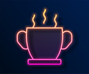 Glowing neon line Bowl of hot soup icon isolated on black background. Vector