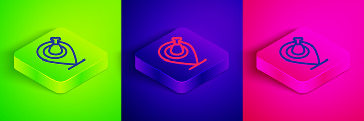 Isometric line Chicken leg icon isolated on green, blue and pink background. Chicken drumstick. Square button. Vector