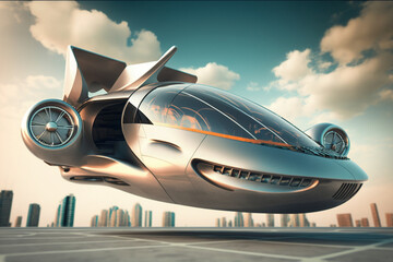 Futuristic flying car concept in a city in the future