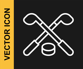 White line Ice hockey sticks and puck icon isolated on black background. Game start. Vector