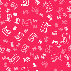 White line Cargo ship with boxes delivery service icon isolated seamless pattern on red background. Delivery, transportation. Freighter with parcels, boxes, goods. Vector