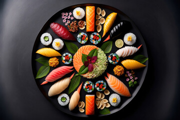 Food, the most amazing platter of sushi, art illustration 