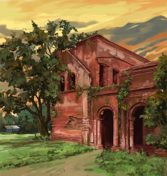 Digital painting of an old abandoned Zamindar house. Evening sky.