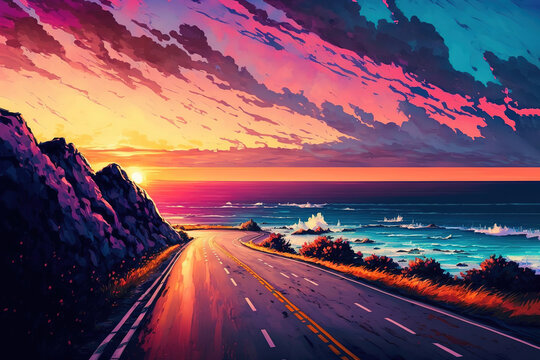 highway landscape at colorful sunset. Road view on the sea. colorful seascape with beautiful road, art illustration 