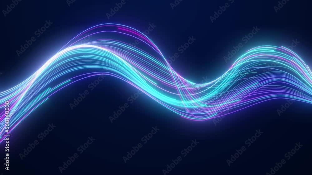 Poster abstract glowing blue line passing and moving on black background. abstract glowing neon line animat