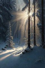 Rays in winter forest, nature landscape, art illustration 