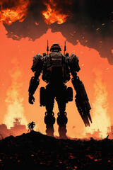 Fototapeta premium Sci fi scene, robot warrior, war, fire, futuristic, art illustration 