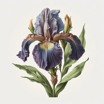 Beautiful blue-purple iris flower as in vintage botanical illustration, victorian still life on creamy paper  background made with generative AI
