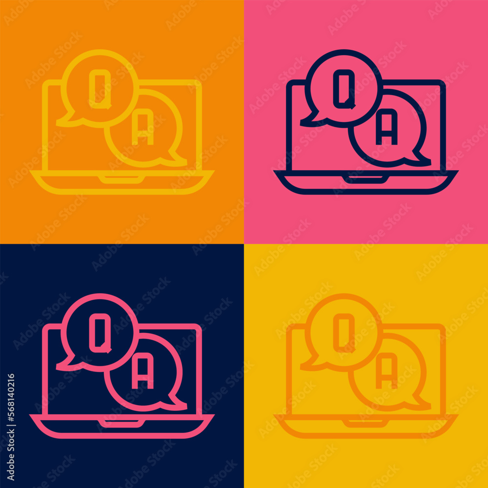 Poster Pop art line Speech bubbles with Question and Answer icon isolated on color background. Q and A symbol. FAQ sign. Chat speech bubble and chart. Vector