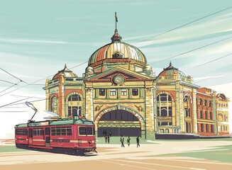 Naklejka premium Digital illustration of Flinders street station, Melbourne.