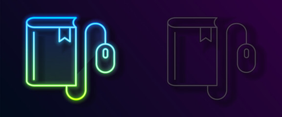 Glowing neon line Electronic book with mouse icon isolated on black background. Online education concept. E-book badge icon. Vector