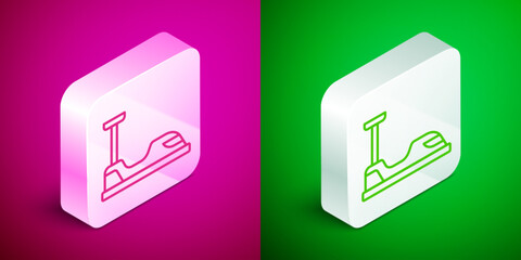 Isometric line Bumper car icon isolated on pink and green background. Amusement park. Childrens entertainment playground, recreation park. Silver square button. Vector