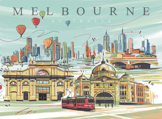 Digital illustration of iconic places in Melbourne. - obrazy, fototapety, plakaty