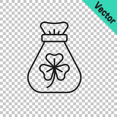 Black line Money bag with clover trefoil leaf icon isolated on transparent background. Happy Saint Patricks day. National Irish holiday. Vector