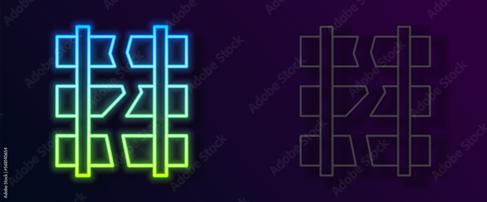 Poster glowing neon line broken or cracked rails on a railway icon isolated on black background. vector
