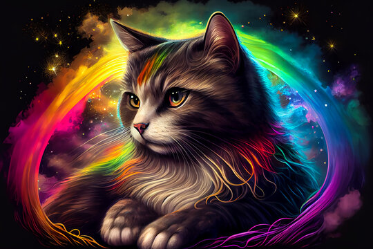 Cat goddess with rainbow background. Generative AI