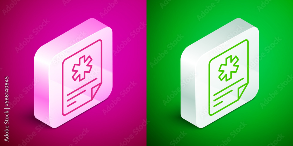 Wall mural Isometric line Medical clipboard with clinical record icon isolated on pink and green background. Prescription, medical check marks report. Silver square button. Vector