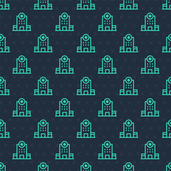 Green line Medical hospital building with cross icon isolated seamless pattern on blue background. Medical center. Health care. Vector