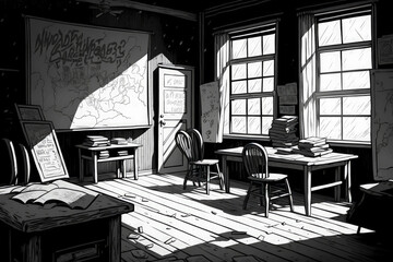 Old and abandoned school classroom interior, in black and white. Generative AI