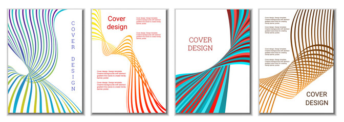 A set of 4 abstract covers. Wavy parallel gradient lines, ribbons evolve. Cover design, background. Trendy banner, poster.