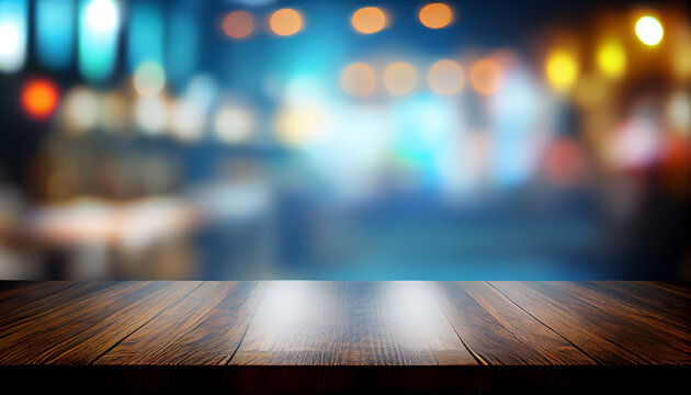 Image of wooden table in front of abstract blurred background of resturant lights. Generative Ai.